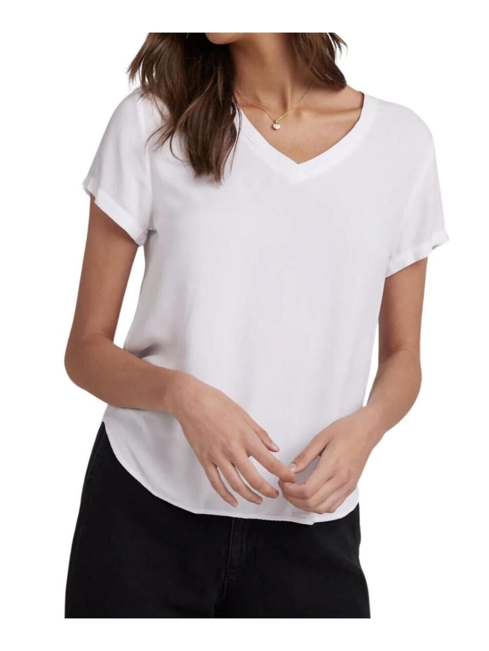 Bella Dahl White V Neck Tee Size Large Soft Rayon Hi Low Hem Top L